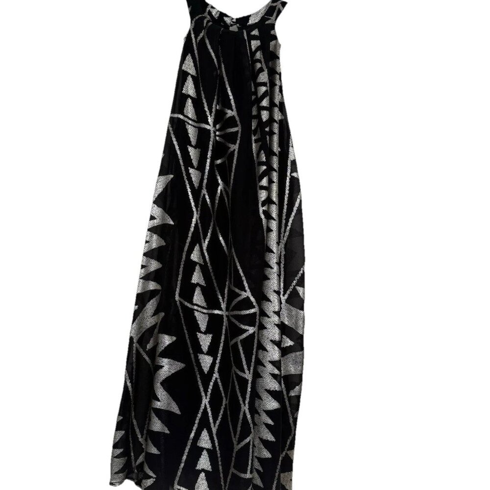 Mini Halter Swing Dress Size S Black Gold Sparkle Glam Event Party Cocktail LBD‎